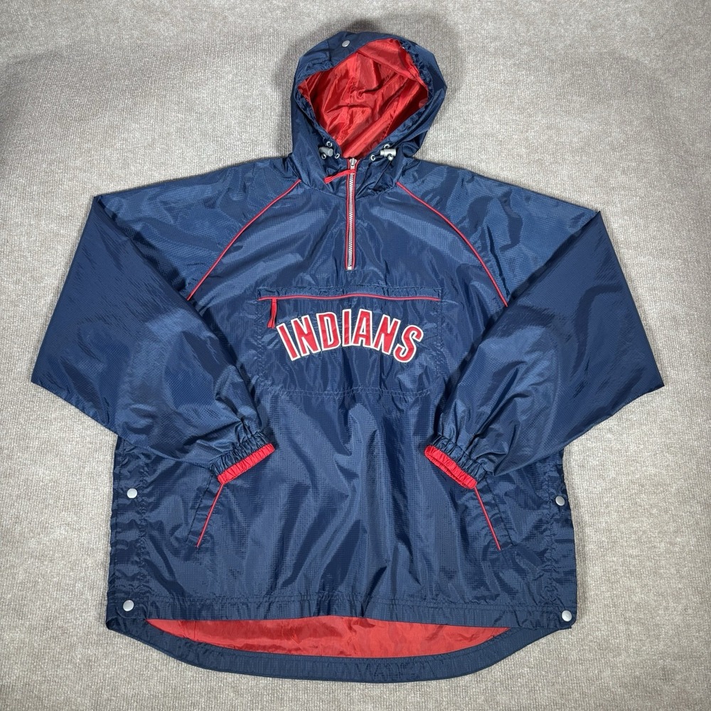 Vintage Cleveland Indians‎ Jacket Mens L Blue Windbreaker Hooded Pullover  G-III